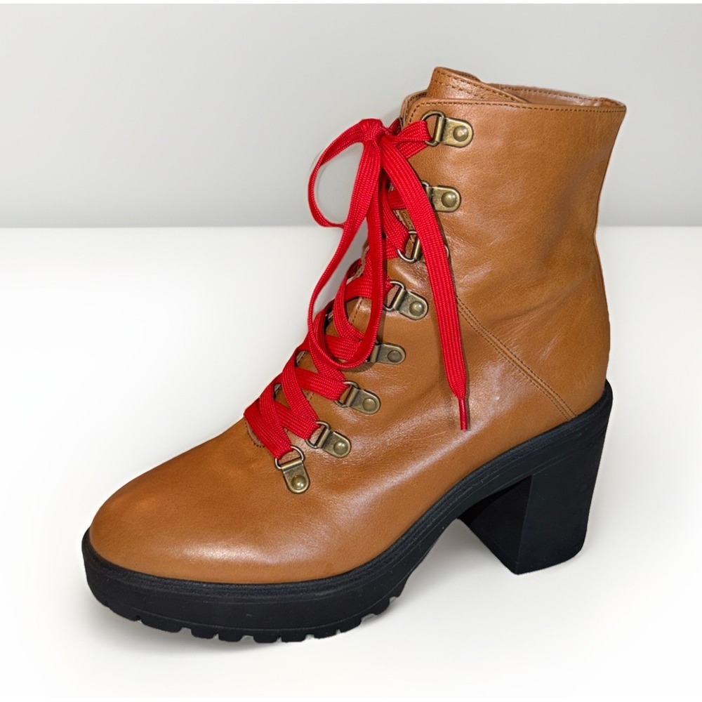 Steve Madden Womens Royce Bootie Brown Cognac Leather Lugged Platform Size 9